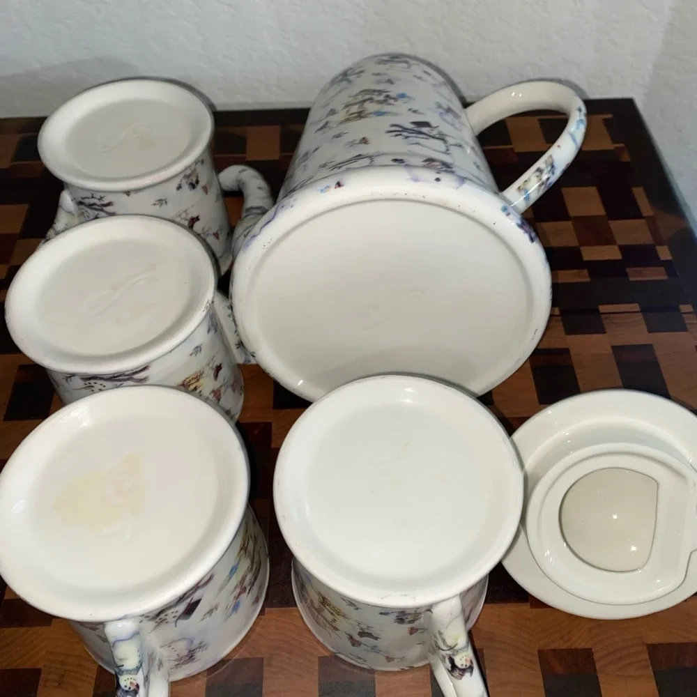 Vintage Grace Snowman Christmas Holiday Porcelain Tea\Coffee Set Kettle/4 Mugs